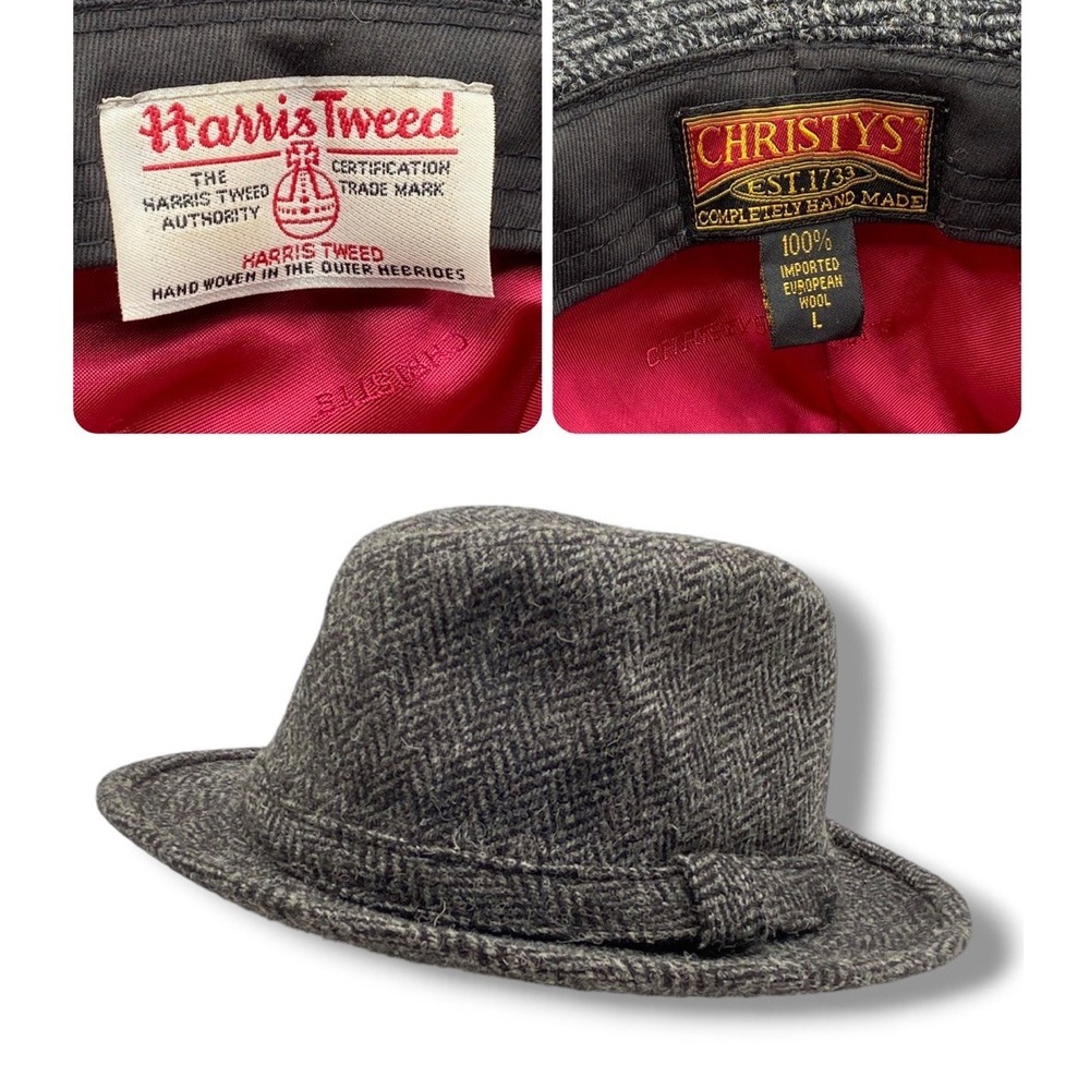 Christys London Harris Tweed Fedora Hat Gray Herringbone Wool Trilby Large READ